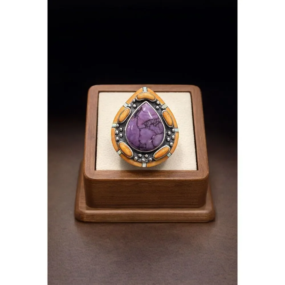 Purple Turquoise Teardrop Ring Sterling Silver Orange & Turquoise Accents Boho